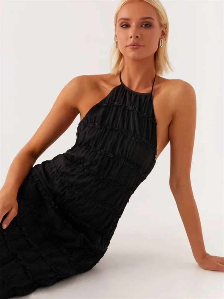 Dames Elegante Halter Maxi Jurk | Luxe Geplooide Textuur Jurk met Open Rug | Gioella