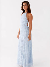 Dames Elegante Halter Maxi Jurk | Luxe Geplooide Textuur Jurk met Open Rug | Gioella