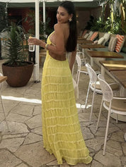 Dames Elegante Halter Maxi Jurk | Luxe Geplooide Textuur Jurk met Open Rug | Gioella