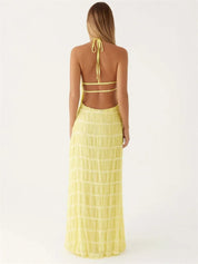 Dames Elegante Halter Maxi Jurk | Luxe Geplooide Textuur Jurk met Open Rug | Gioella
