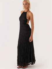Dames Elegante Halter Maxi Jurk | Luxe Geplooide Textuur Jurk met Open Rug | Gioella