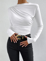 Dames Asymmetrische Top met Plooidetail en Slim Fit Pasvorm | Slim Fit Lange Mouwen | Giovanna