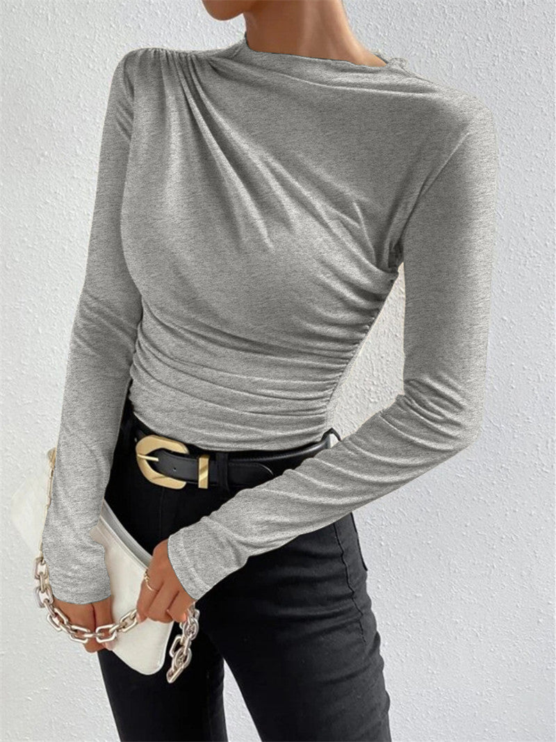 Dames Asymmetrische Top met Plooidetail en Slim Fit Pasvorm | Slim Fit Lange Mouwen | Giovanna