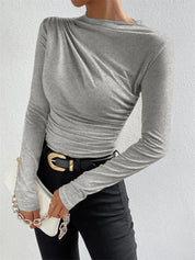 Dames Asymmetrische Top met Plooidetail en Slim Fit Pasvorm | Slim Fit Lange Mouwen | Giovanna