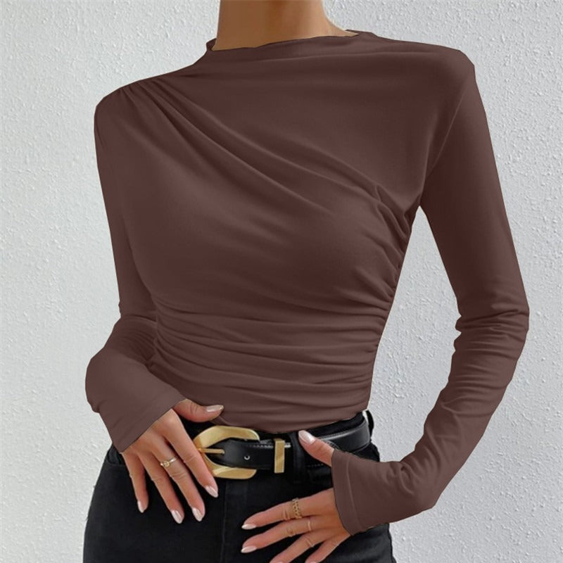 Dames Asymmetrische Top met Plooidetail en Slim Fit Pasvorm | Slim Fit Lange Mouwen | Giovanna