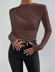 Dames Asymmetrische Top met Plooidetail en Slim Fit Pasvorm | Slim Fit Lange Mouwen | Giovanna
