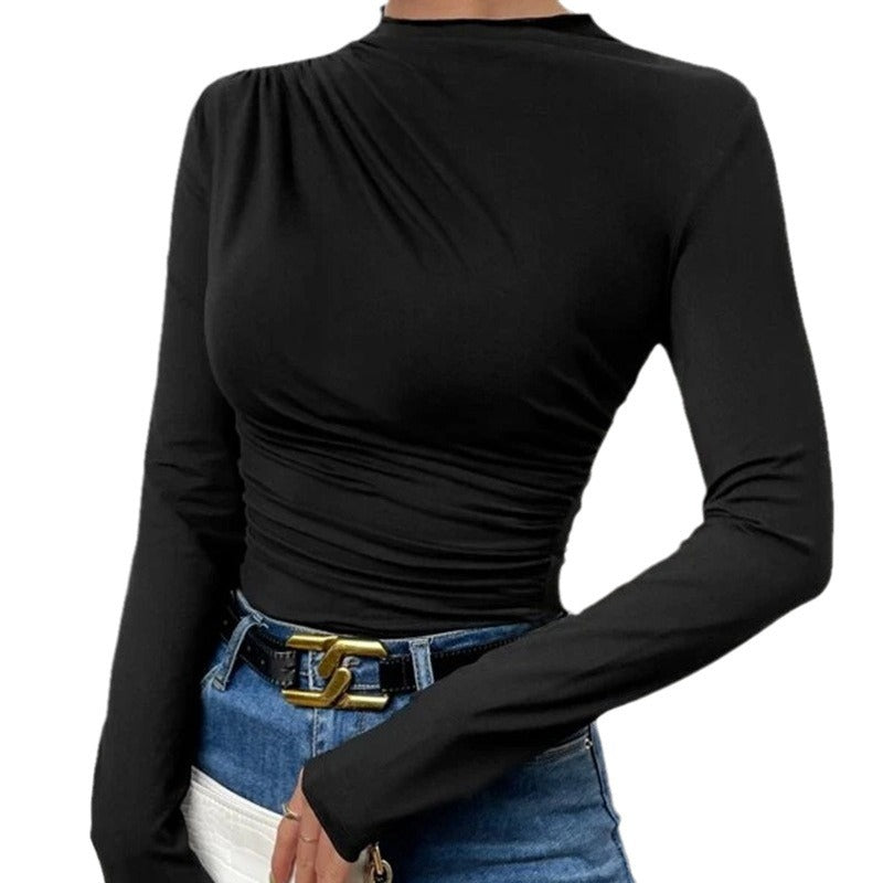 Dames Asymmetrische Top met Plooidetail en Slim Fit Pasvorm | Slim Fit Lange Mouwen | Giovanna