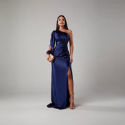 Dames One-Shoulder Satijnen Maxi Jurk met Split | Luxe Glans & Verleidelijke Elegantie | Gisaira