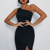 Dames One-Shoulder Satijnen Look Maxi Jurk met Split | Elegant en Vrouwelijk | Gisky