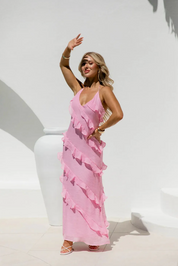 Dames Elegante Halter Maxi Jurk met Ruffles | Luchtig, Vrouwelijk en Zomers Chic | Giulia