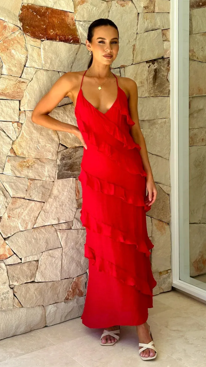 Dames Elegante Halter Maxi Jurk met Ruffles | Luchtig, Vrouwelijk en Zomers Chic | Giulia