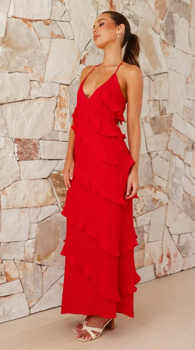 Dames Elegante Halter Maxi Jurk met Ruffles | Luchtig, Vrouwelijk en Zomers Chic | Giulia
