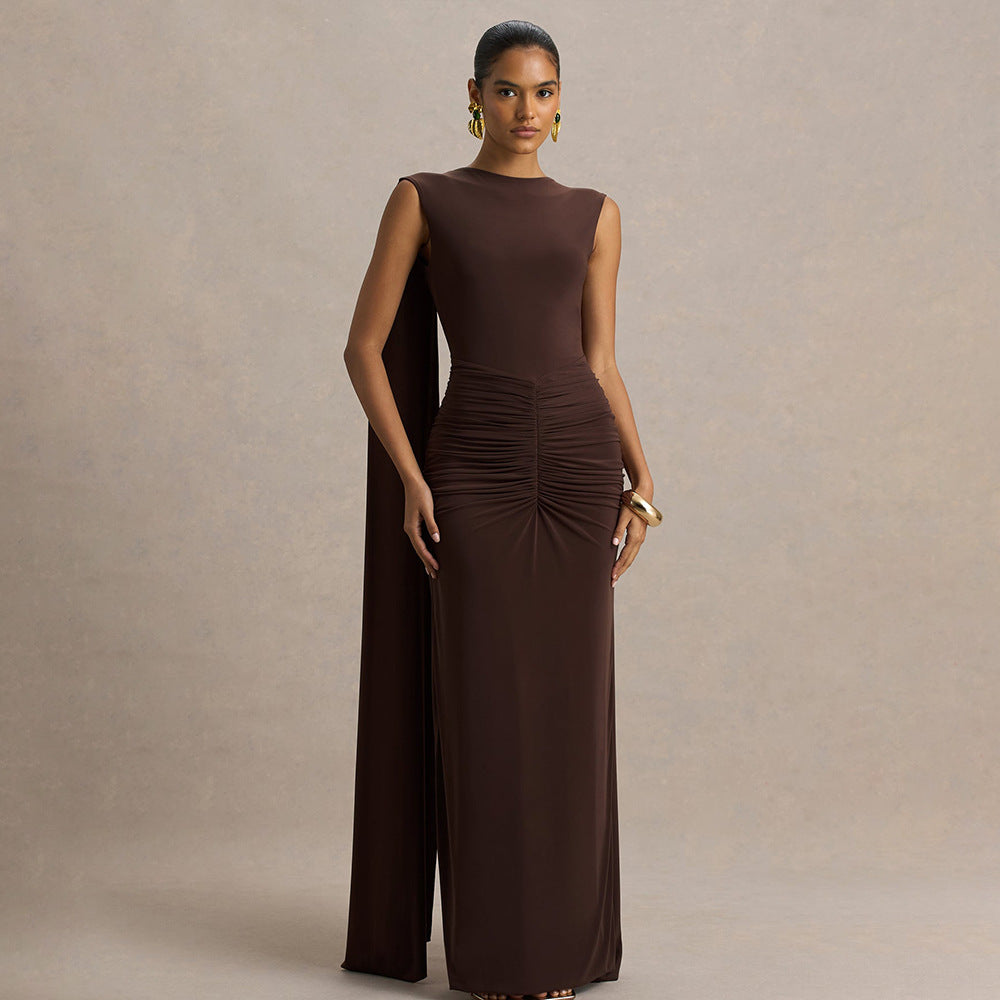 Dames Elegante Rugloze Maxi Jurk met Dramatische Cape Details | Slim Fit en Open Rug | Gladys