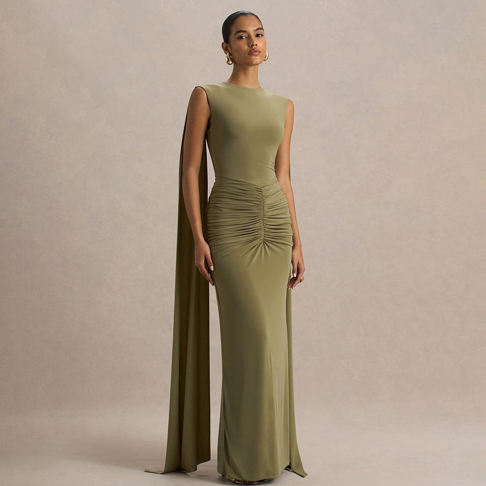 Dames Elegante Rugloze Maxi Jurk met Dramatische Cape Details | Slim Fit en Open Rug | Gladys