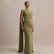 Dames Elegante Rugloze Maxi Jurk met Dramatische Cape Details | Slim Fit en Open Rug | Gladys