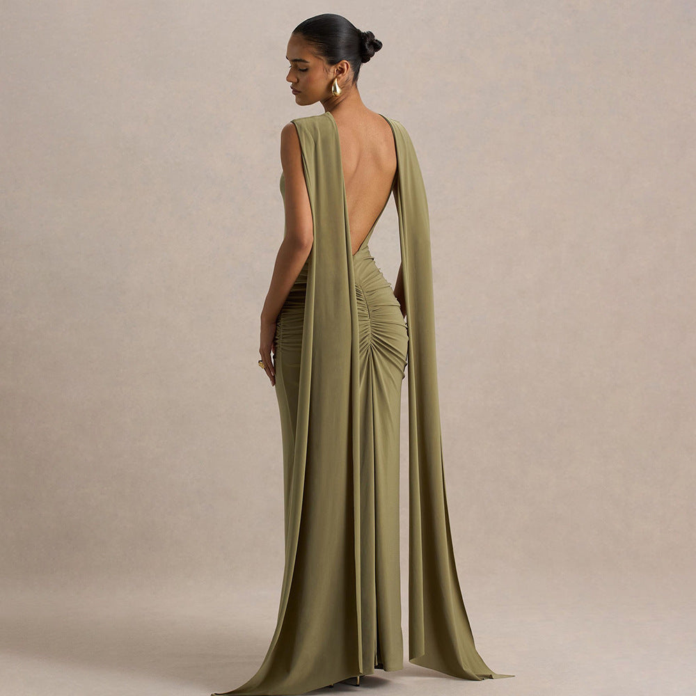 Dames Elegante Rugloze Maxi Jurk met Dramatische Cape Details | Slim Fit en Open Rug | Gladys