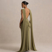 Dames Elegante Rugloze Maxi Jurk met Dramatische Cape Details | Slim Fit en Open Rug | Gladys