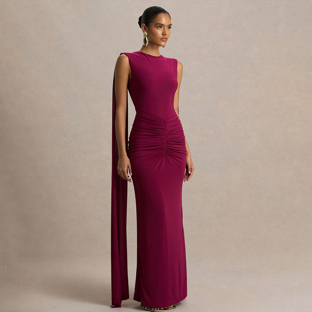 Dames Elegante Rugloze Maxi Jurk met Dramatische Cape Details | Slim Fit en Open Rug | Gladys