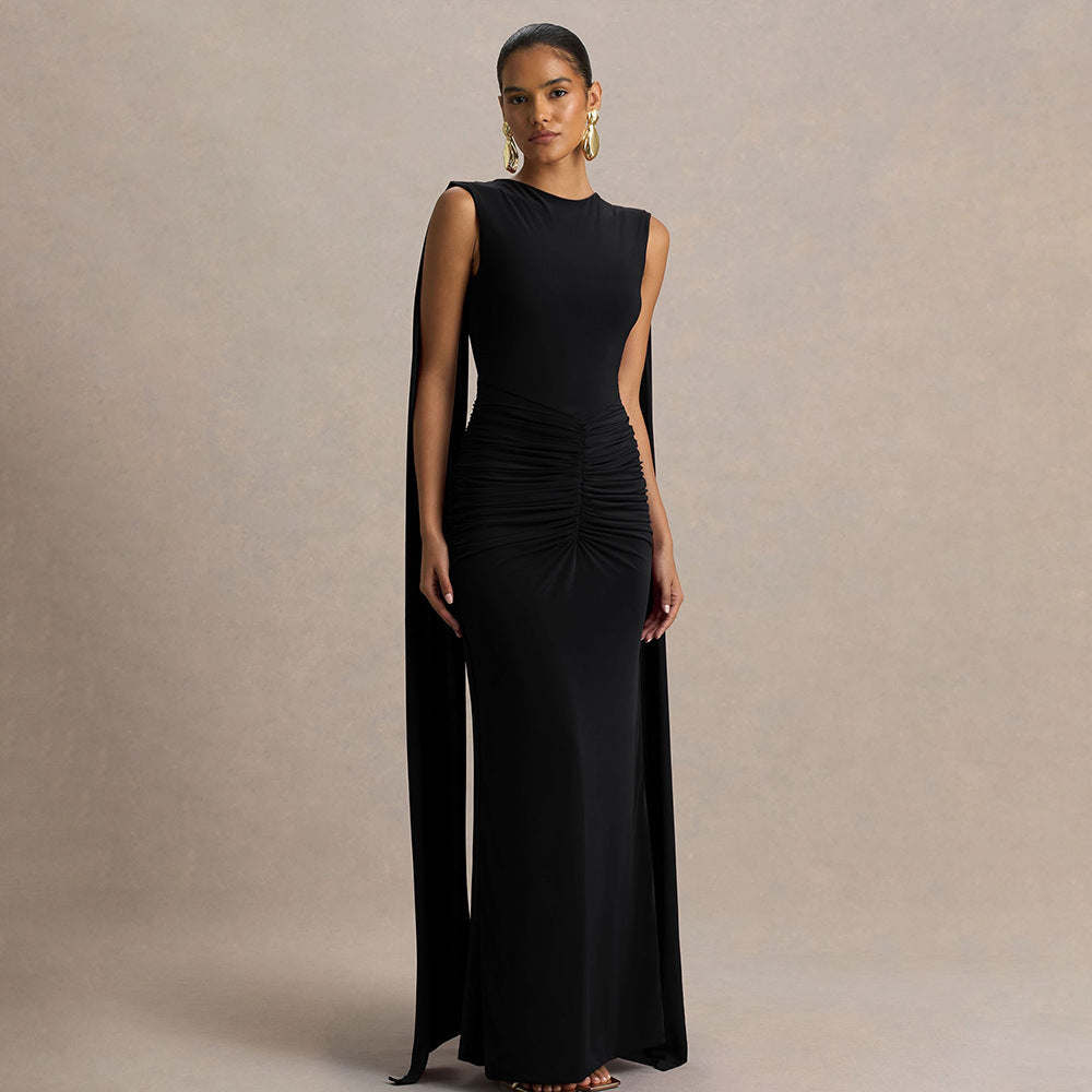 Dames Elegante Rugloze Maxi Jurk met Dramatische Cape Details | Slim Fit en Open Rug | Gladys