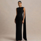 Dames Elegante Rugloze Maxi Jurk met Dramatische Cape Details | Slim Fit en Open Rug | Gladys