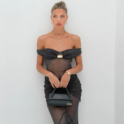 Dames Grijze Glitter Maxi Jurk | Luxe Strapless Avondjurk Met Mesh En Split | Glam