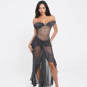 Dames Grijze Glitter Maxi Jurk | Luxe Strapless Avondjurk Met Mesh En Split | Glam