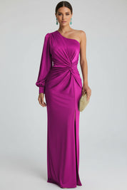 Dames One-Shoulder Satijnen Maxi Jurk met Split | Luxe Glans & Verleidelijke Elegantie | Glammy