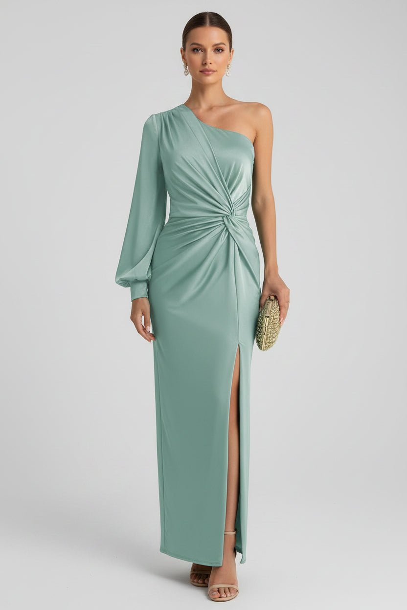 Dames One-Shoulder Satijnen Maxi Jurk met Split | Luxe Glans & Verleidelijke Elegantie | Glammy