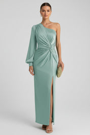 Dames One-Shoulder Satijnen Maxi Jurk met Split | Luxe Glans & Verleidelijke Elegantie | Glammy