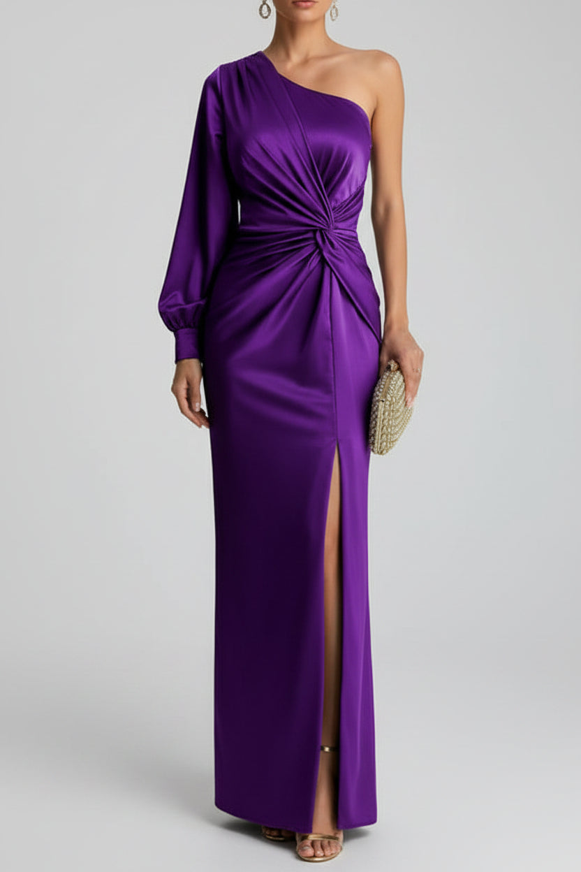 Dames One-Shoulder Satijnen Maxi Jurk met Split | Luxe Glans & Verleidelijke Elegantie | Glammy