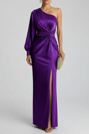 Dames One-Shoulder Satijnen Maxi Jurk met Split | Luxe Glans & Verleidelijke Elegantie | Glammy