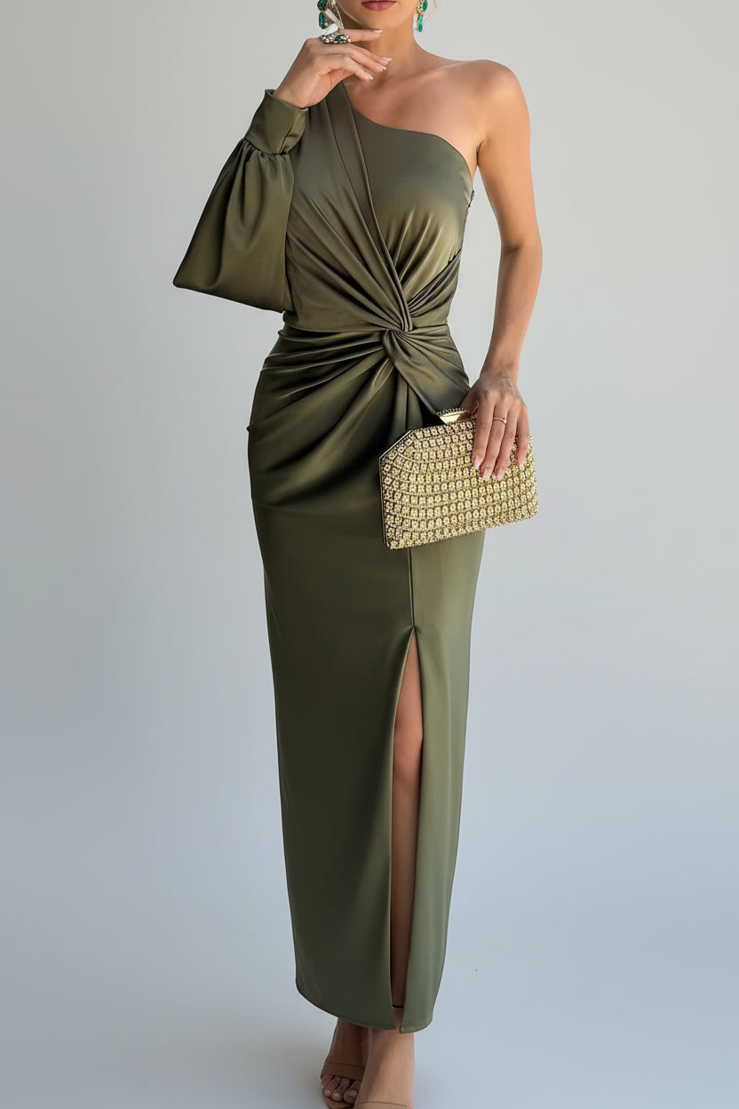 Dames One-Shoulder Satijnen Maxi Jurk met Split | Luxe Glans & Verleidelijke Elegantie | Glammy