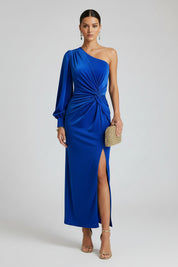 Dames One-Shoulder Satijnen Maxi Jurk met Split | Luxe Glans & Verleidelijke Elegantie | Glammy