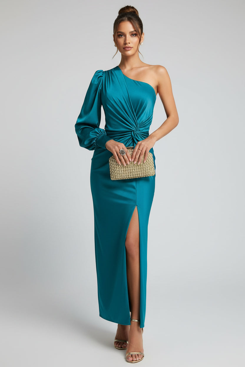 Dames One-Shoulder Satijnen Maxi Jurk met Split | Luxe Glans & Verleidelijke Elegantie | Glammy