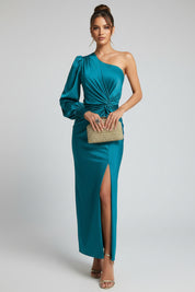 Dames One-Shoulder Satijnen Maxi Jurk met Split | Luxe Glans & Verleidelijke Elegantie | Glammy