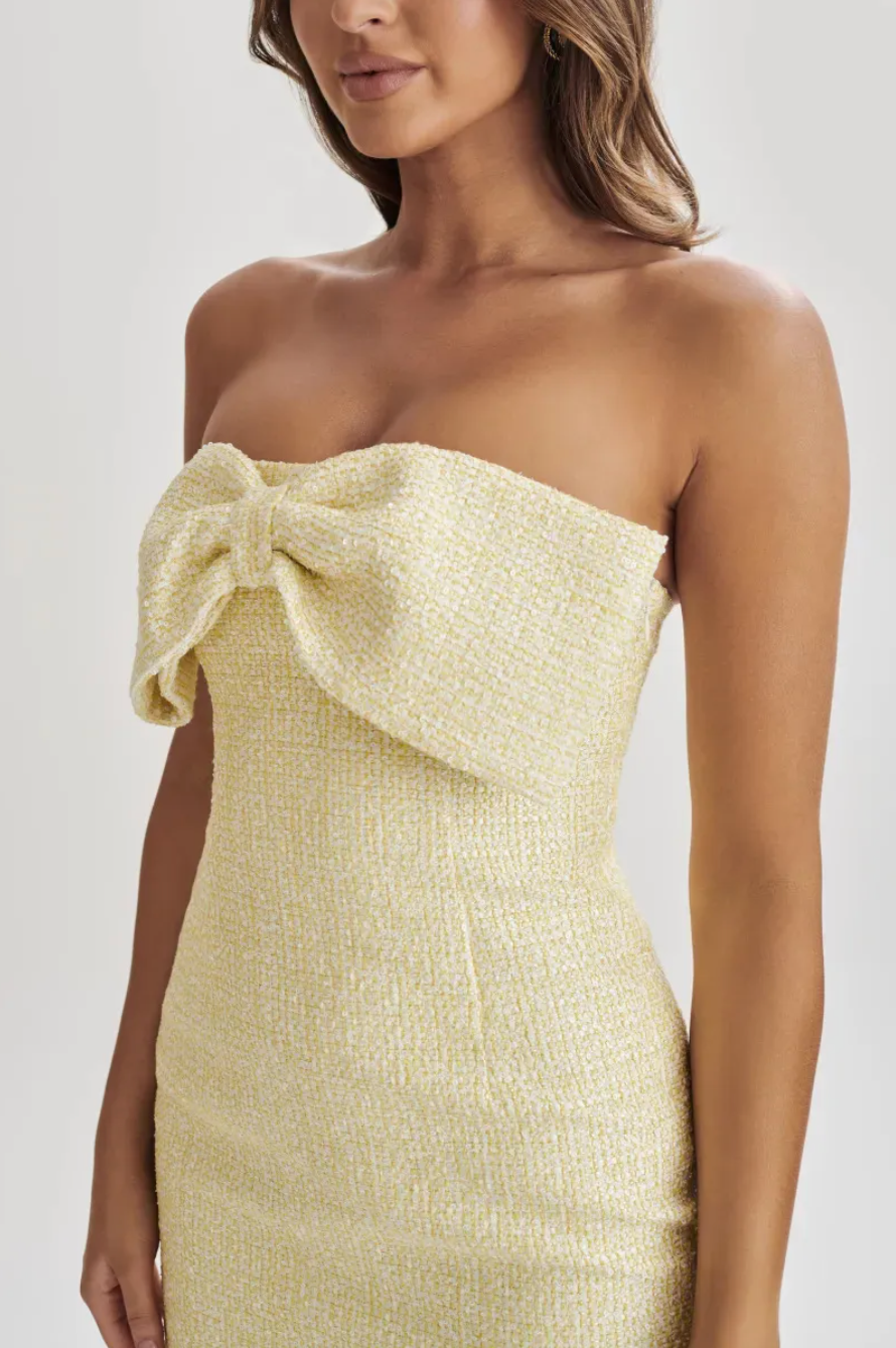 Dames Elegante Tweed Look Strapless Slim Fit Mini Jurk met Strikdetail | Glanthea