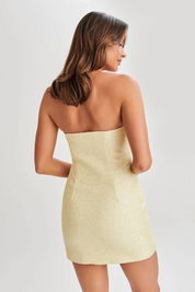 Dames Elegante Tweed Look Strapless Slim Fit Mini Jurk met Strikdetail | Glanthea