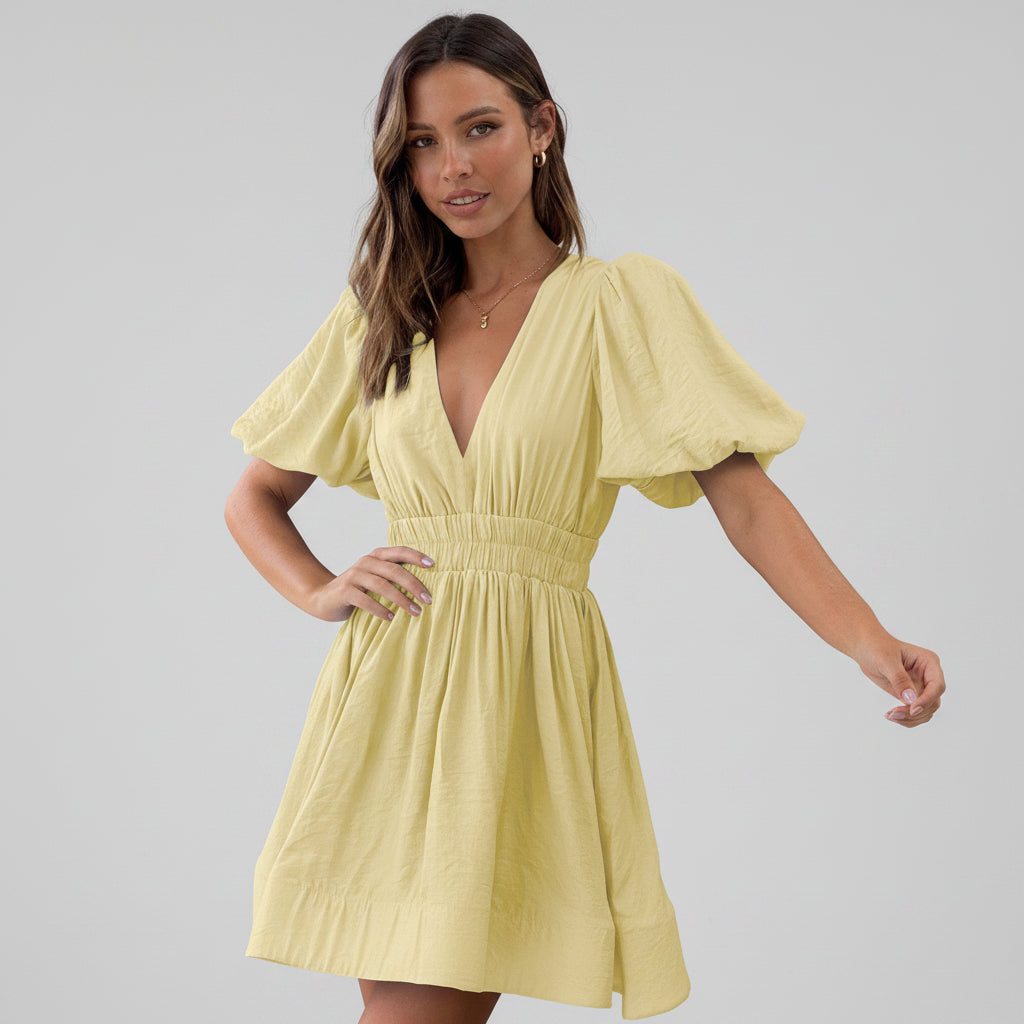 Dames Luchtige V-Hals Zomerjurk met Pofmouwen | A-lijn Jurk voor een Frisse Look | Gledis