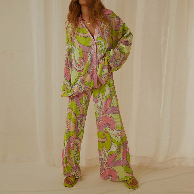 Dames Trendy Print Set | Tweedelige Blouse En Broek Set Met Wide Leg | Glimiza