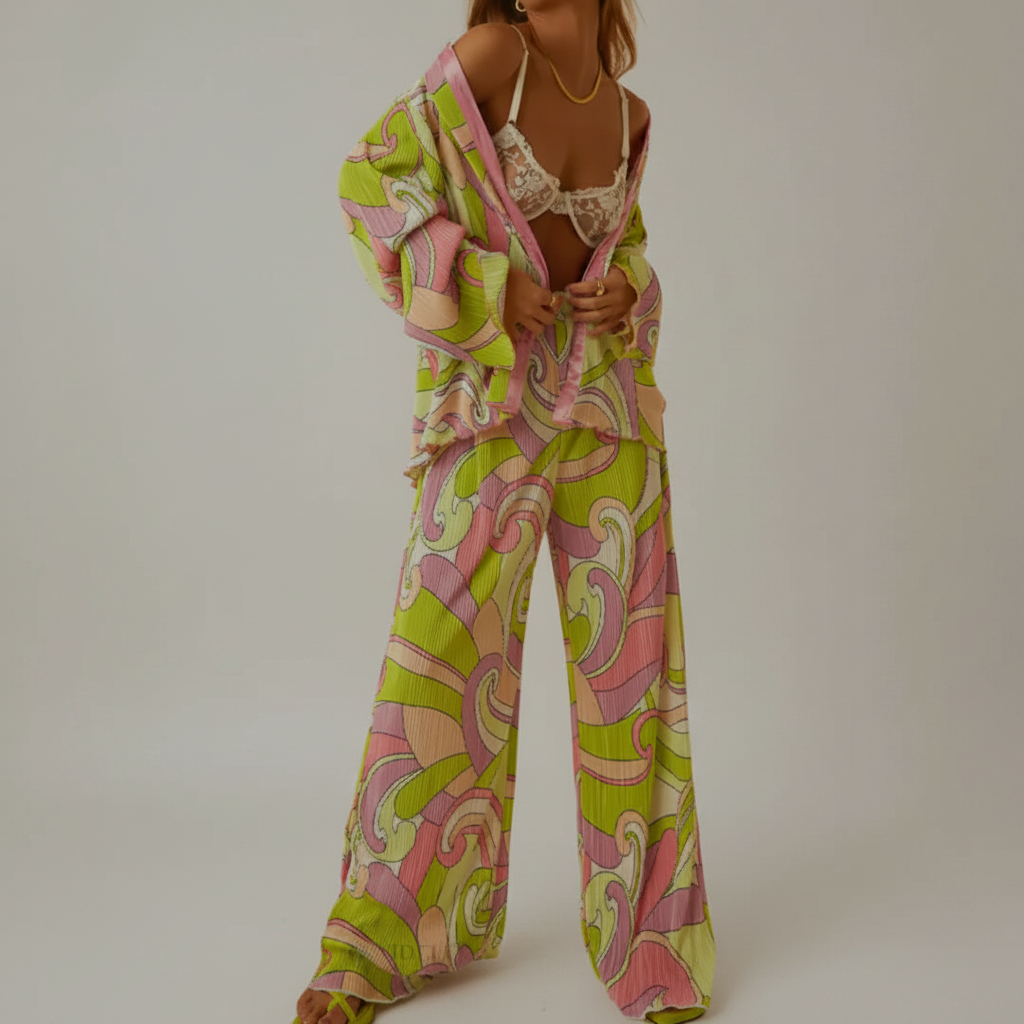 Dames Trendy Print Set | Tweedelige Blouse En Broek Set Met Wide Leg | Glimiza