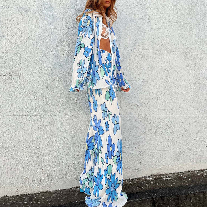 Dames Trendy Print Set | Tweedelige Blouse En Broek Set Met Wide Leg | Glimiza