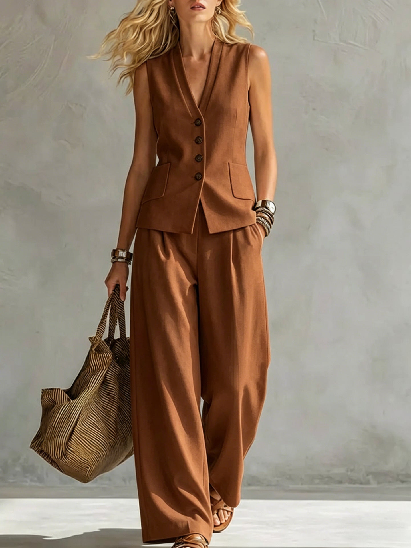 Dames Elegante 2-Delige Linnen Look Set | Mouwloze Gilet & Wijde Broek | Stijlvolle Zomerset | Glinda