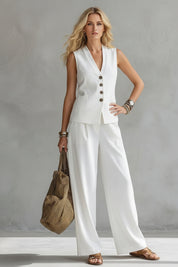 Dames Elegante 2-Delige Linnen Look Set | Mouwloze Gilet & Wijde Broek | Stijlvolle Zomerset | Glinda