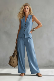 Dames Elegante 2-Delige Linnen Look Set | Mouwloze Gilet & Wijde Broek | Stijlvolle Zomerset | Glinda