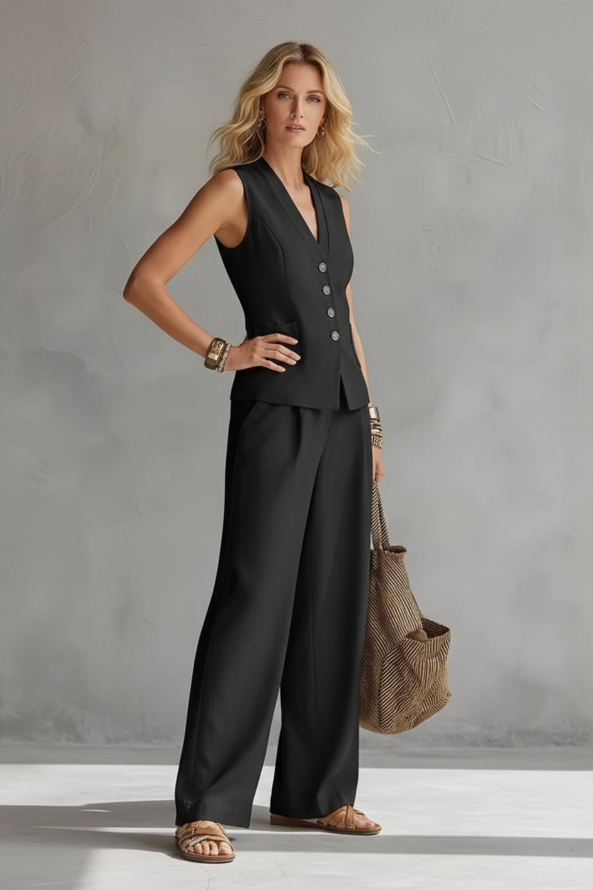 Dames Elegante 2-Delige Linnen Look Set | Mouwloze Gilet & Wijde Broek | Stijlvolle Zomerset | Glinda