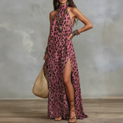 Dames Panter Print Maxi Jurk | Bohemian Halter Jurk Met Split | Glowmia