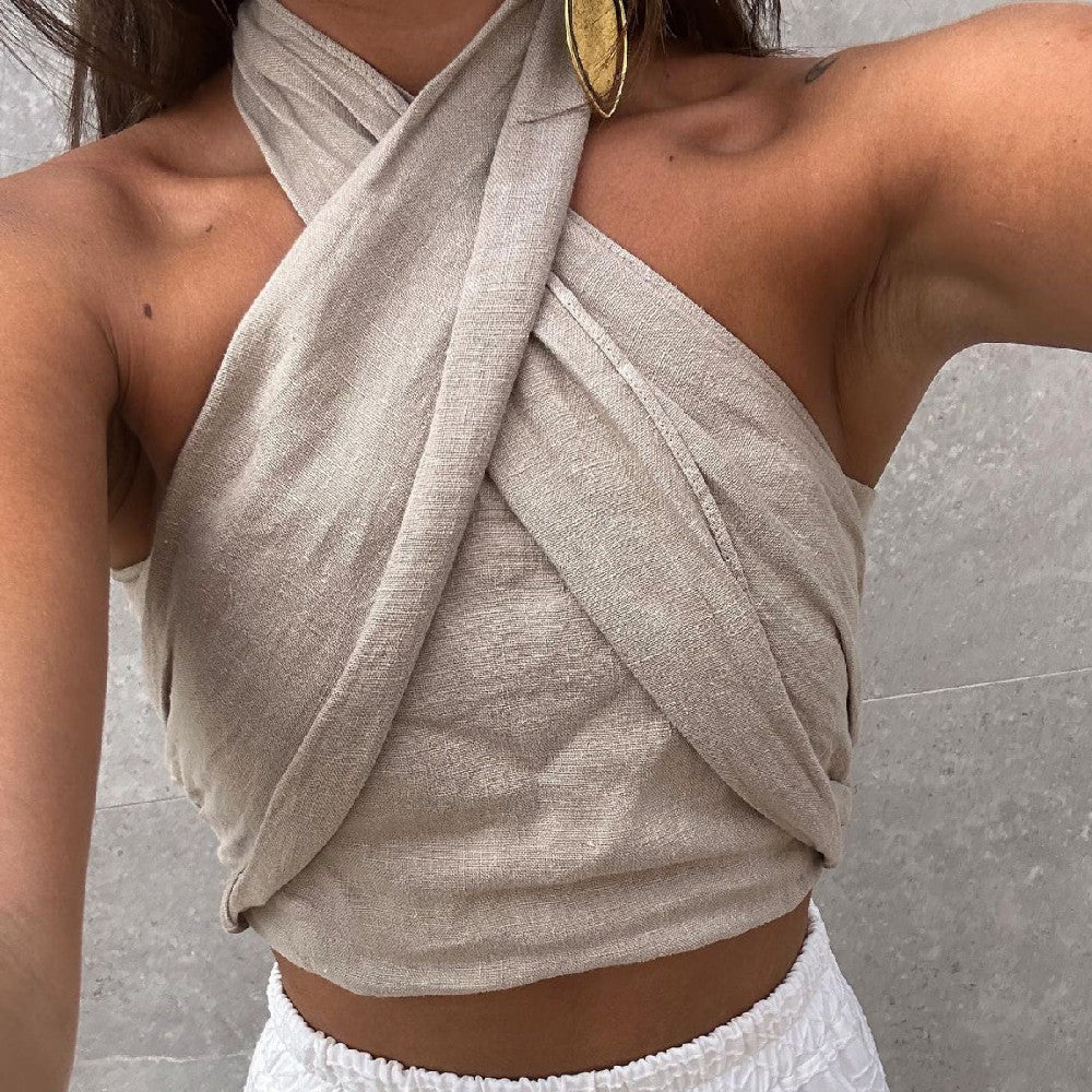 Dames Linnen Halter Top met Open Rug en Getailleerde Pasvorm | Crop Top | Goldy