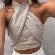 Dames Linnen Halter Top met Open Rug en Getailleerde Pasvorm | Crop Top | Goldy