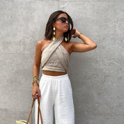 Dames Linnen Halter Top met Open Rug en Getailleerde Pasvorm | Crop Top | Goldy