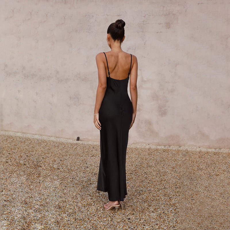 Dames Elegante Satijnen Look Maxi Jurk met Open Rug | Trendy, Luxe en Vrouwelijk | Gosepa